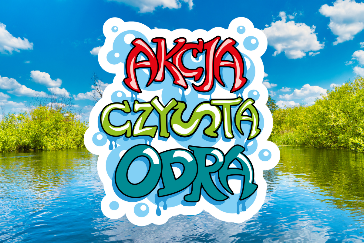 Logo Akcji Czysta Odra napis na tle rozlewiska rzeki Odry