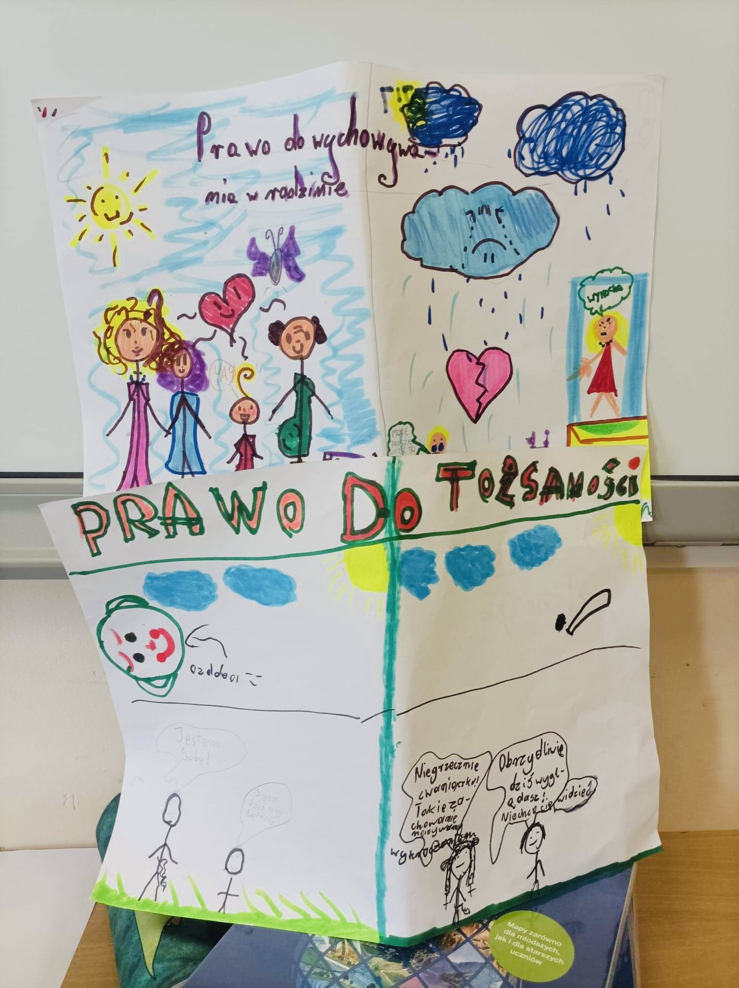 Kolorowe dziecięce rysunki postaci słońca i chmur.