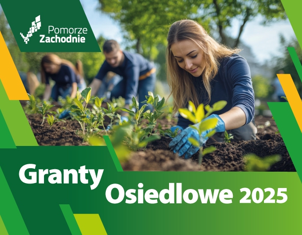 plakat promujący Granty Osiedlowe 2025, na zdjęciu kobieta, która sadzi kwiaty 