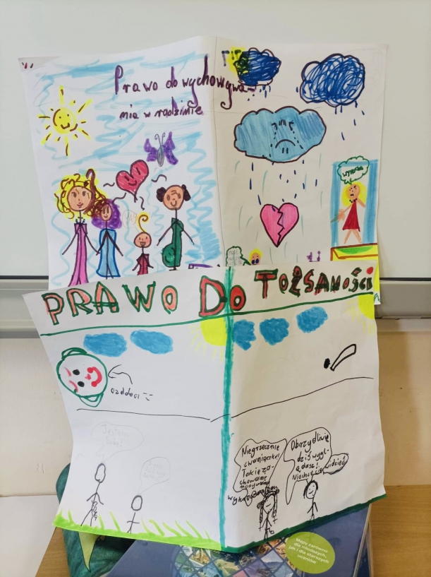 Kolorowe dziecięce rysunki postaci słońca i chmur.