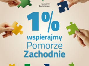 Grafika z puzzlami i rękoma promująca pozostawianie 1%podatku dla organizacji na Pomorzu Zachodnim