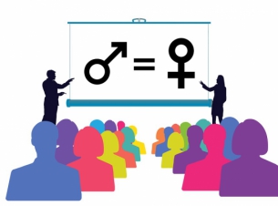 Różnokolorowe zarysy postaci zwrócone w stronę tablicy z piktogramem męskim i żeńskim na które wskazują postaci męska i damska.