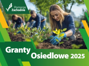 plakat promujący Granty Osiedlowe 2025, na zdjęciu kobieta, która sadzi kwiaty 