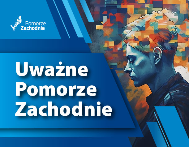 Plakat promujący kampanię Uważne Pomorze Zachodnie, obok niebieskich ramek grafika kolorowa głowa kobiety  